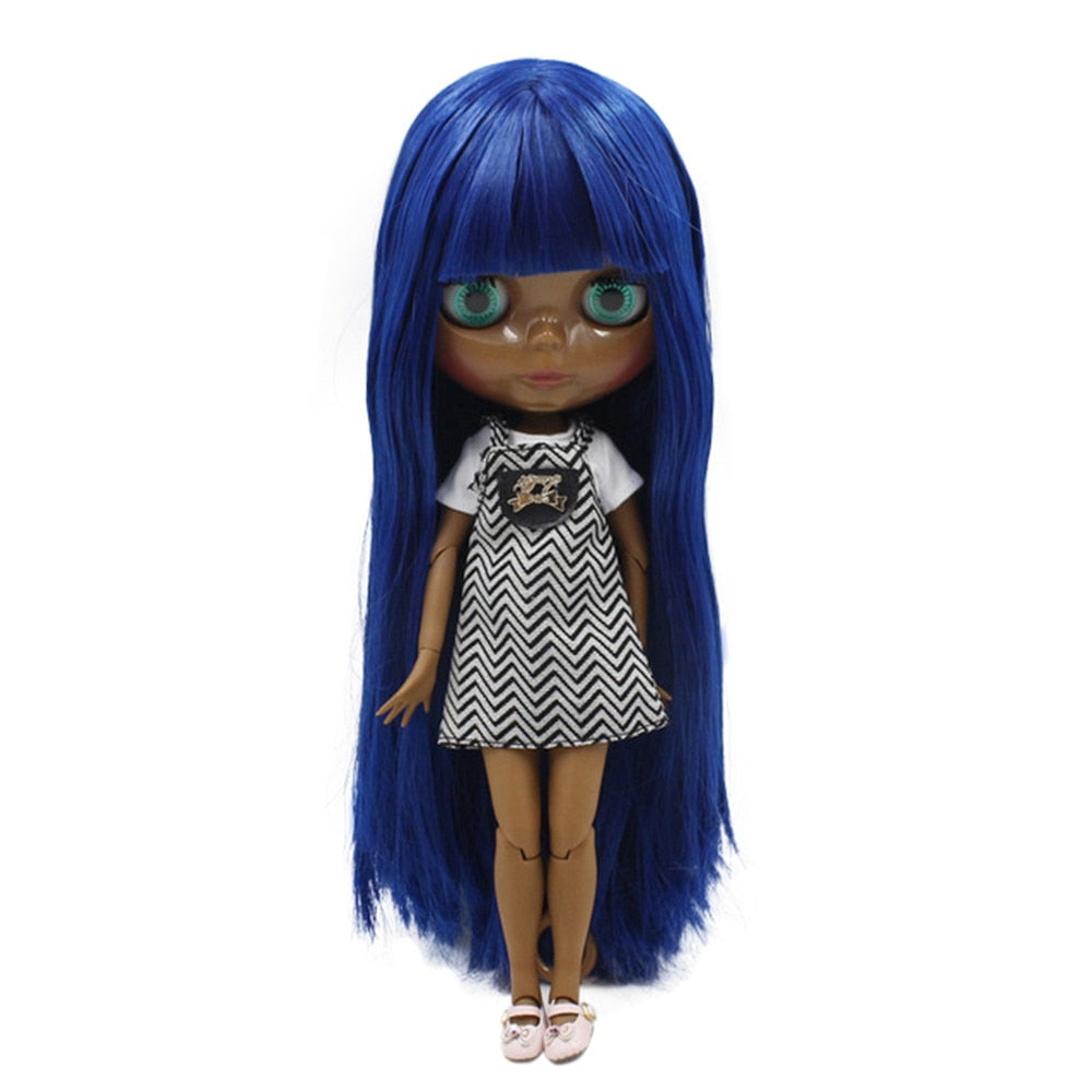 ICY DBS Blyth doll super black skin tone darkest skin black Fashion blue straight hair joint body BL1714  BX1310 Like a picture Official JT Merch